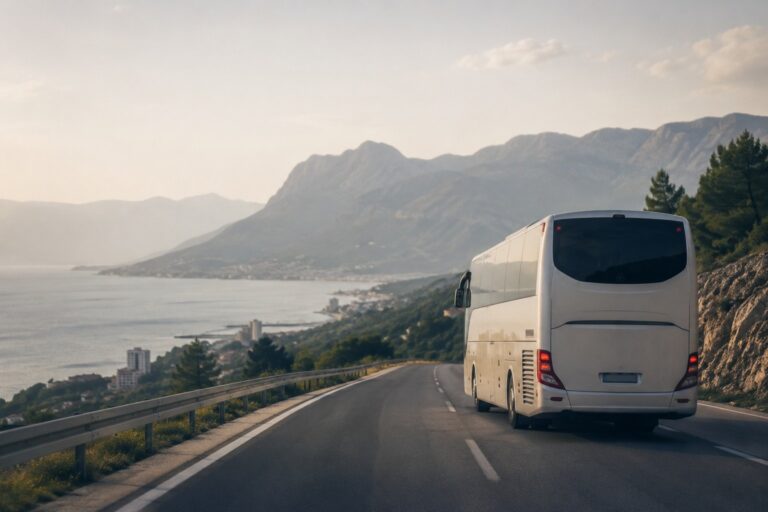Autobus vozi planinskom cestom uz jadransku obalu.