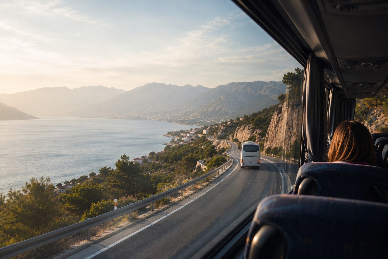 Pogled iz autobusa na obalnu cestu, more i planine.