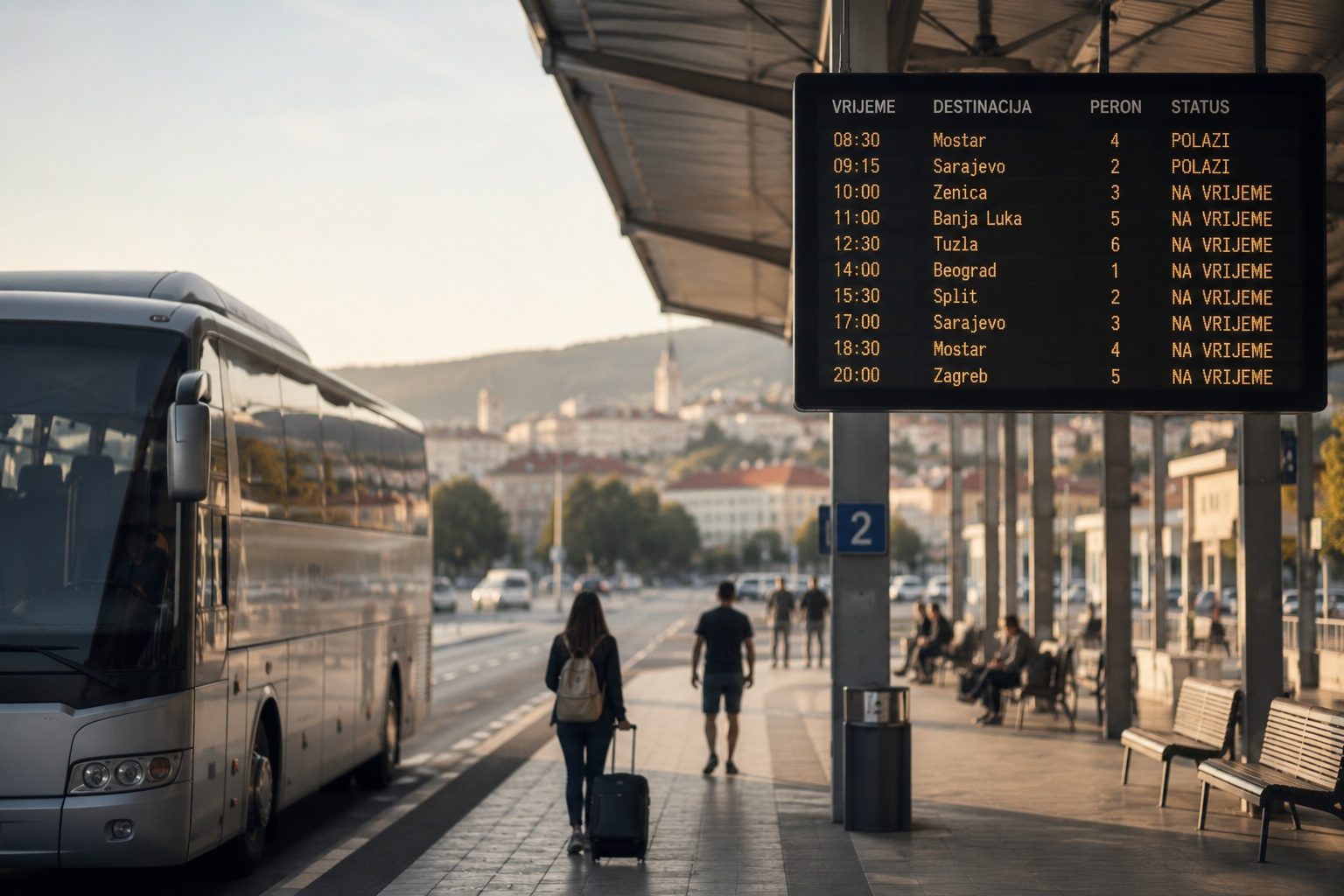 Autobusni kolodvor s autobusom, putnicima i pločom s polascima.